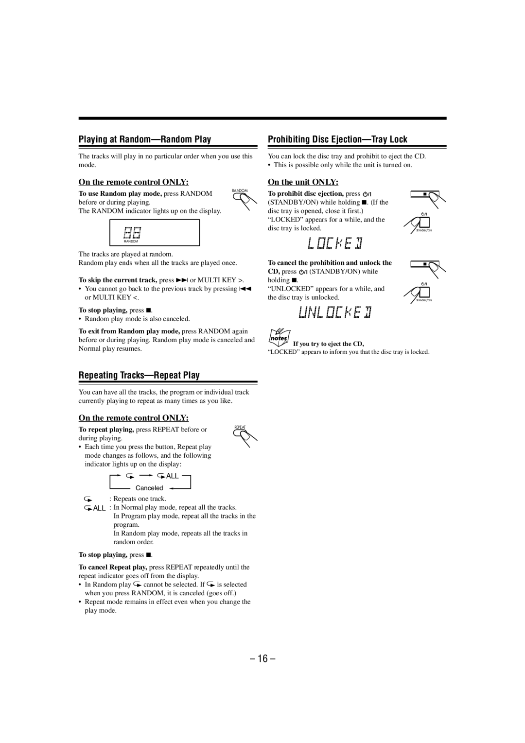 JVC UX-P55 manual Playing at Random-Random Play, Prohibiting Disc Ejection-Tray Lock, Repeating Tracks-Repeat Play 