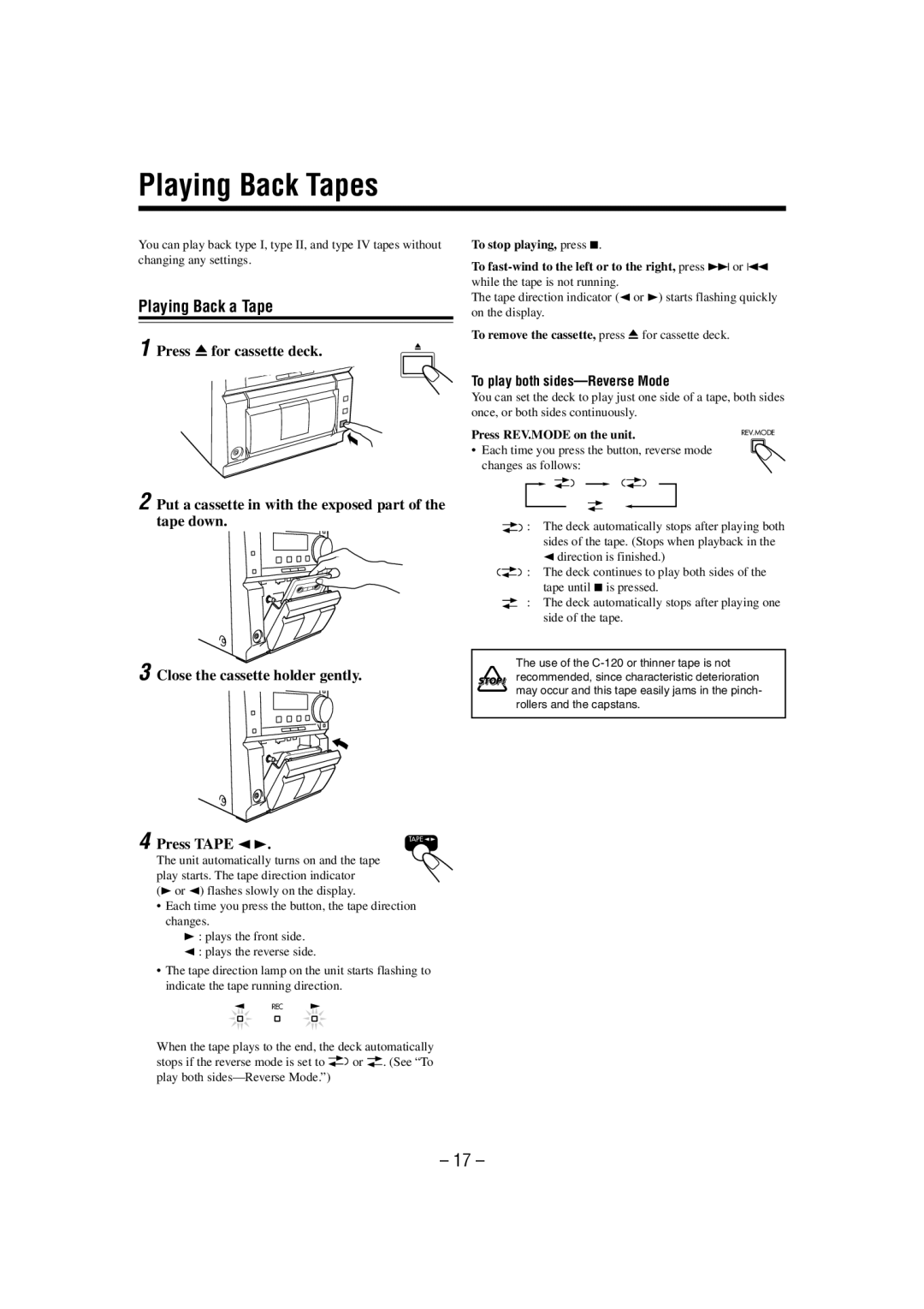 JVC UX-P55 manual Playing Back Tapes, Playing Back a Tape, Press 0 for cassette deck, Press Tape 2 