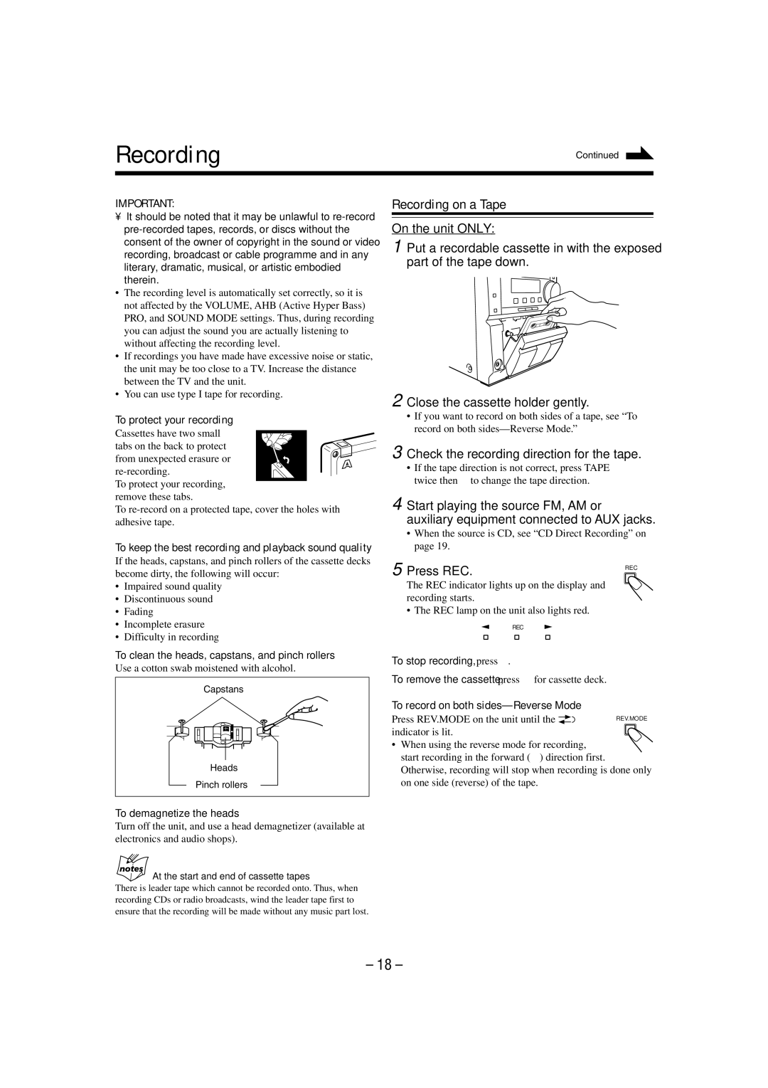 JVC UX-P55 manual Recording on a Tape, Check the recording direction for the tape, Press REC 