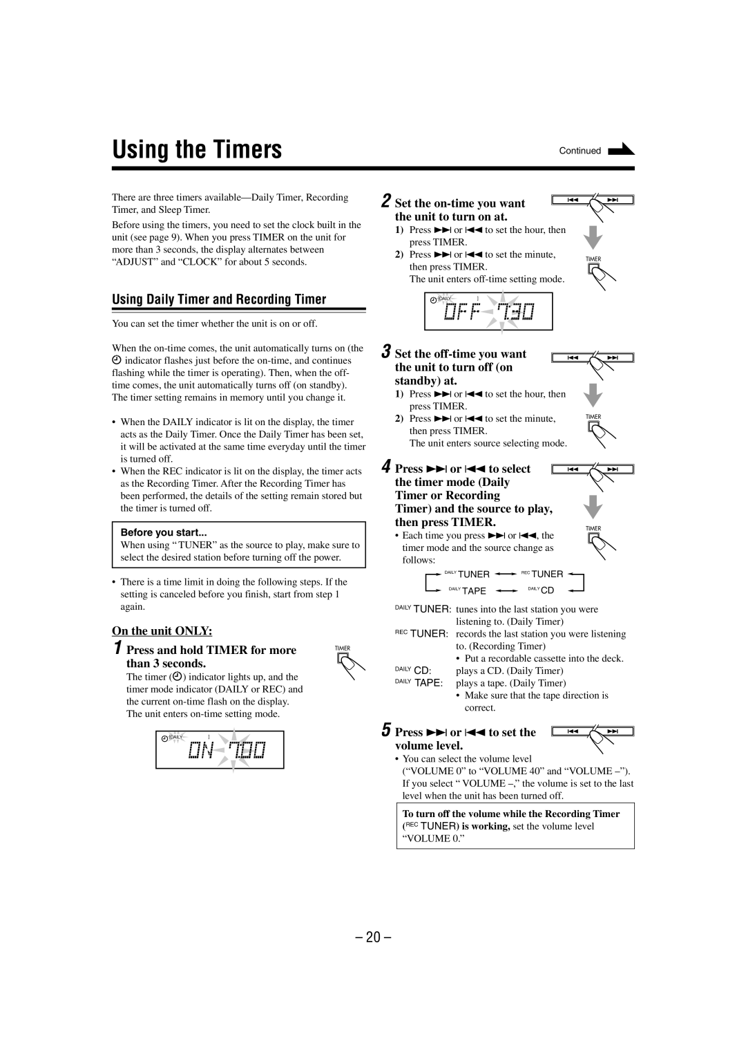 JVC UX-P55 manual Using the Timers, Using Daily Timer and Recording Timer 