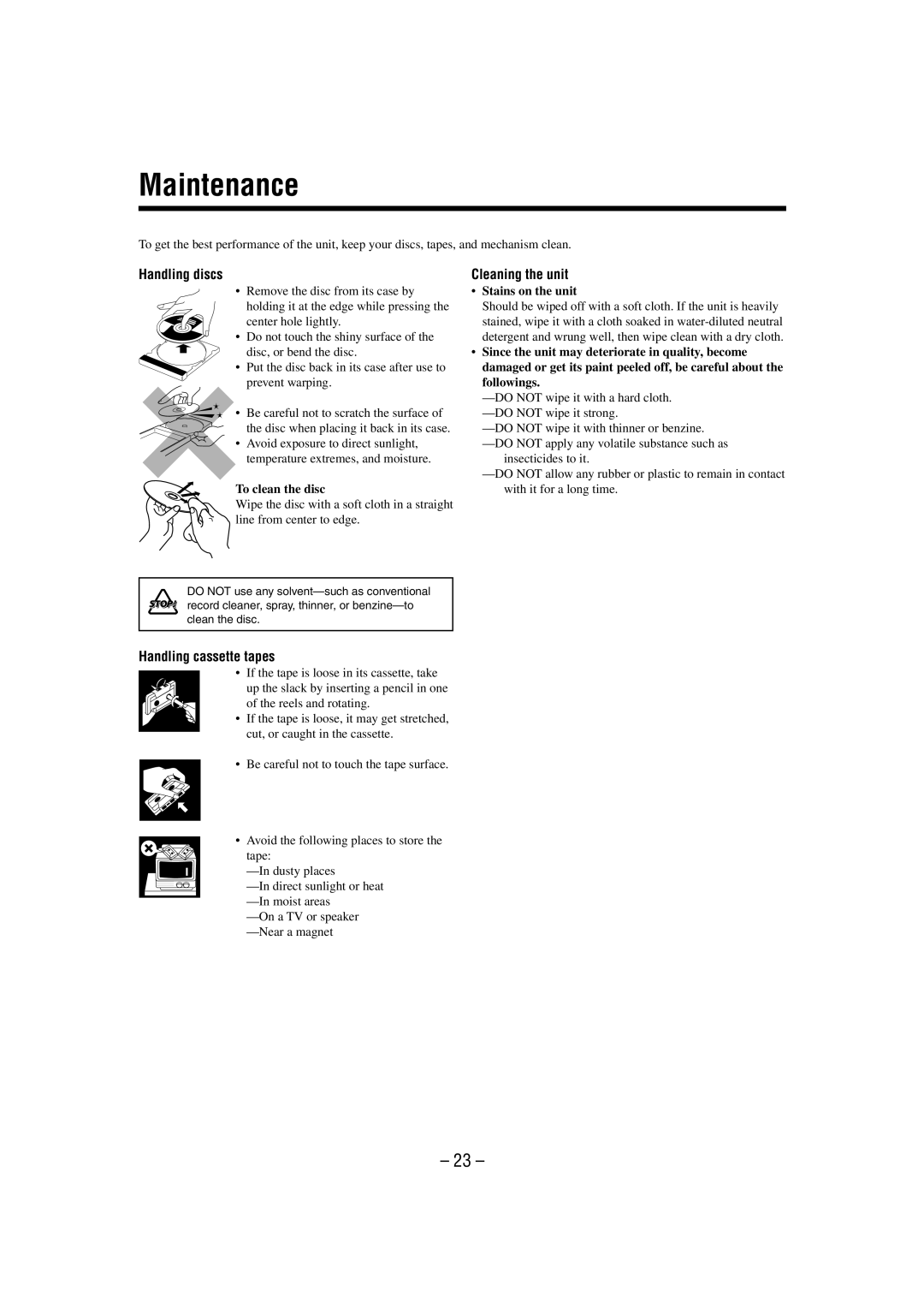 JVC UX-P55 manual Maintenance, Handling discs, Cleaning the unit, Handling cassette tapes 