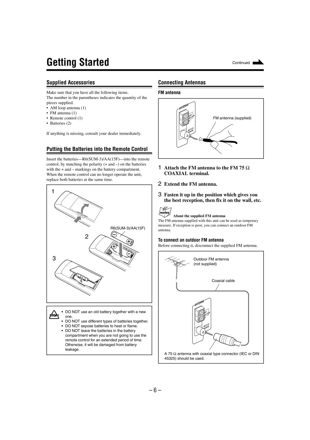 JVC UX-P55 manual Getting Started, Supplied Accessories Connecting Antennas, To connect an outdoor FM antenna 