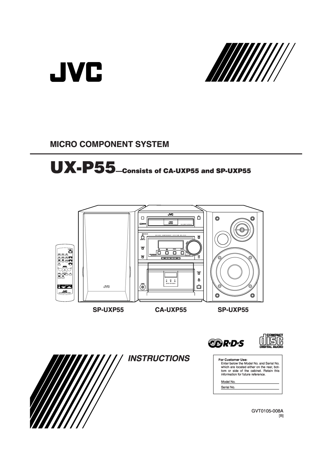 JVC manual Micro Component System, UX-P55-Consistsof CA-UXP55and SP-UXP55, CA-UXP55SP-UXP55, GVT0105-008A, Instructions 