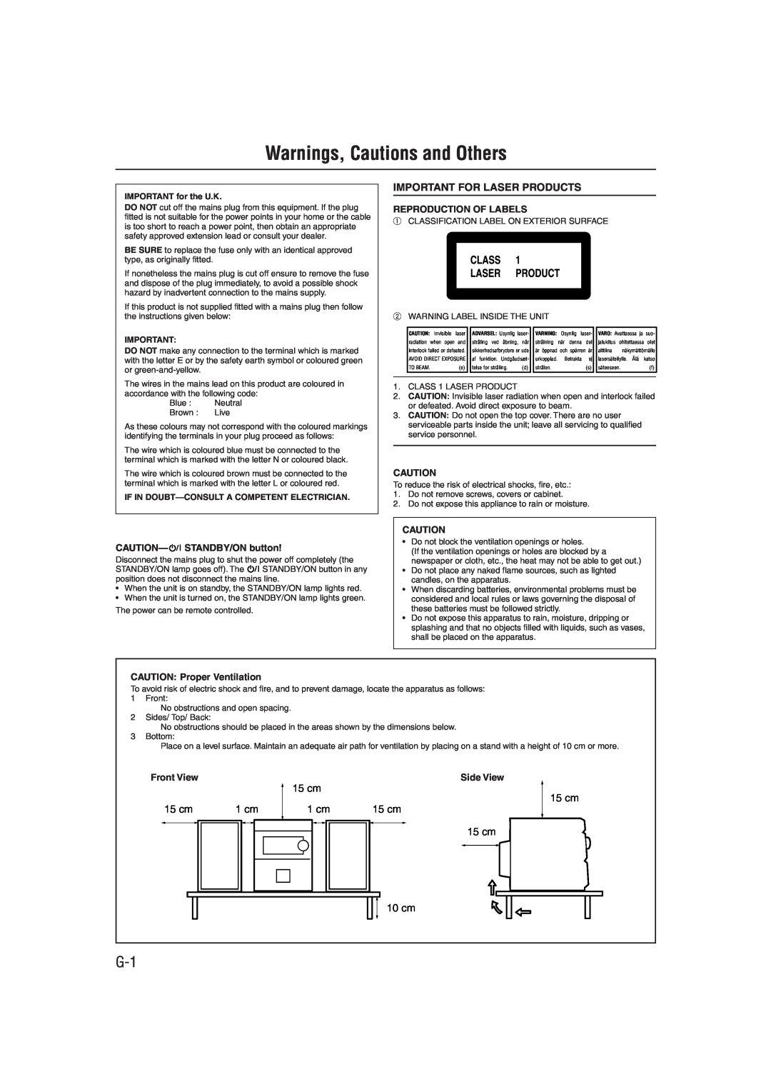 JVC UX-P55 manual Warnings, Cautions and Others, Important For Laser Products, 15 cm, 1 cm, 10 cm, Reproduction Of Labels 