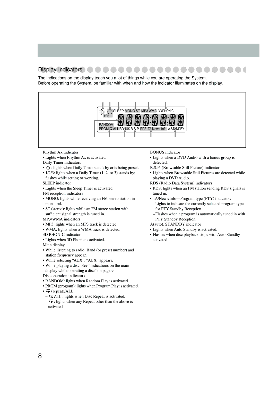 JVC UX-P550 manual Display Indicators, 9 p q 