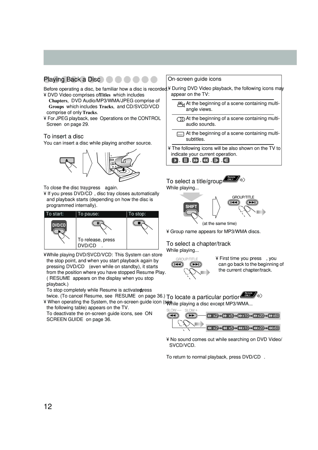 JVC UX-P550 manual Playing Back a Disc, To insert a disc, To select a chapter/track, On-screen guide icons 