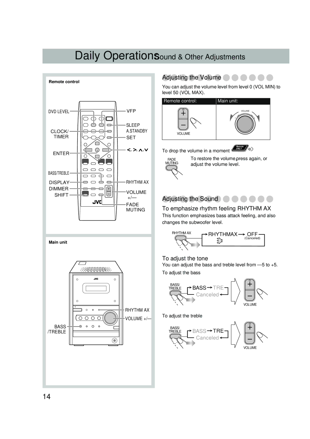 JVC UX-P550 manual Adjusting the Volume, Adjusting the Sound, To emphasize rhythm feeling-RHYTHM AX, To adjust the tone 