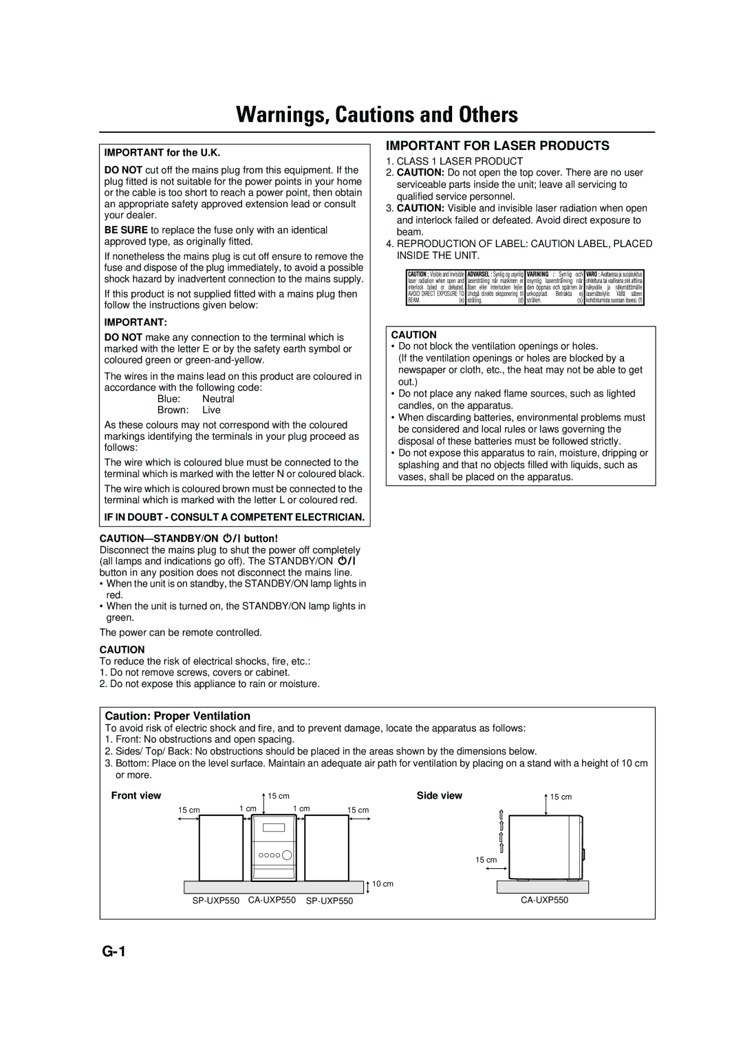 JVC UX-P550 manual Important for Laser Products 