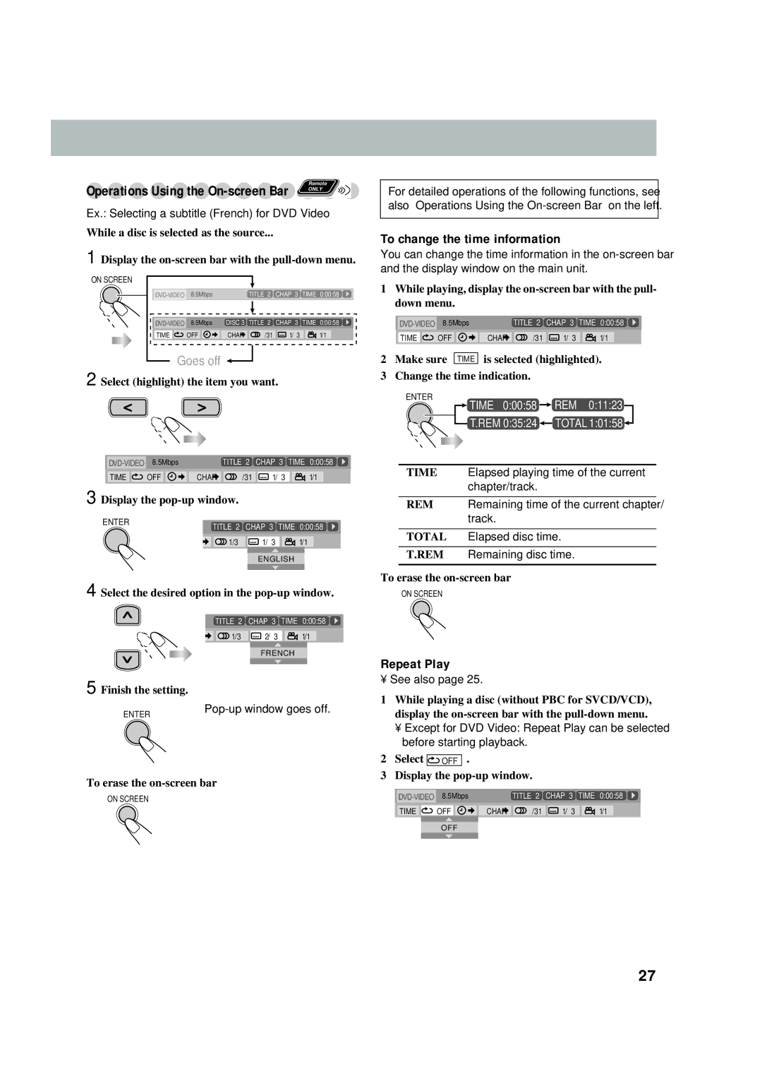 JVC UX-P550 manual To change the time information, Operations Using the On-screen Bar 