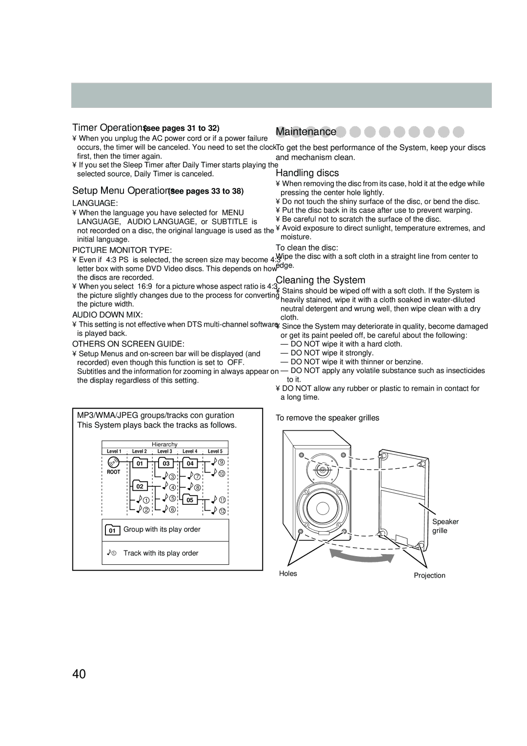 JVC UX-P550 manual Maintenance, Setup Menu Operations see pages 33 to, Handling discs, Cleaning the System 