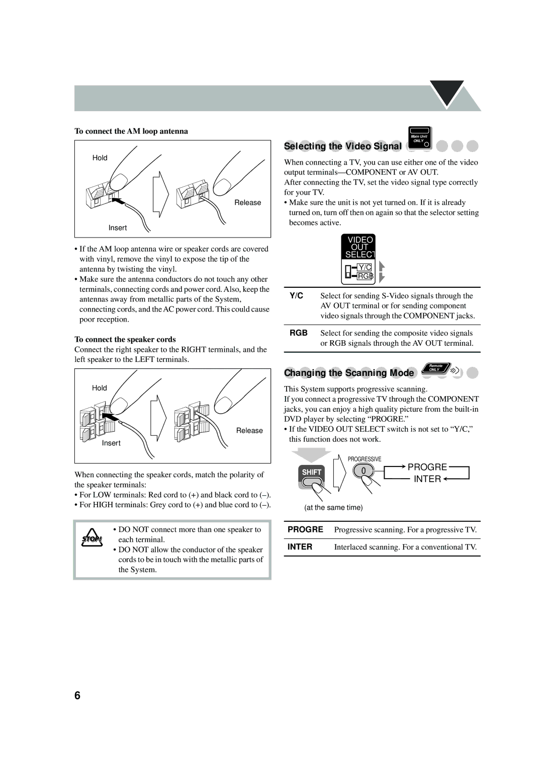 JVC UX-P550 manual Selecting the Video Signal, Changing the Scanning Mode, Progre Inter, To connect the AM loop antenna 