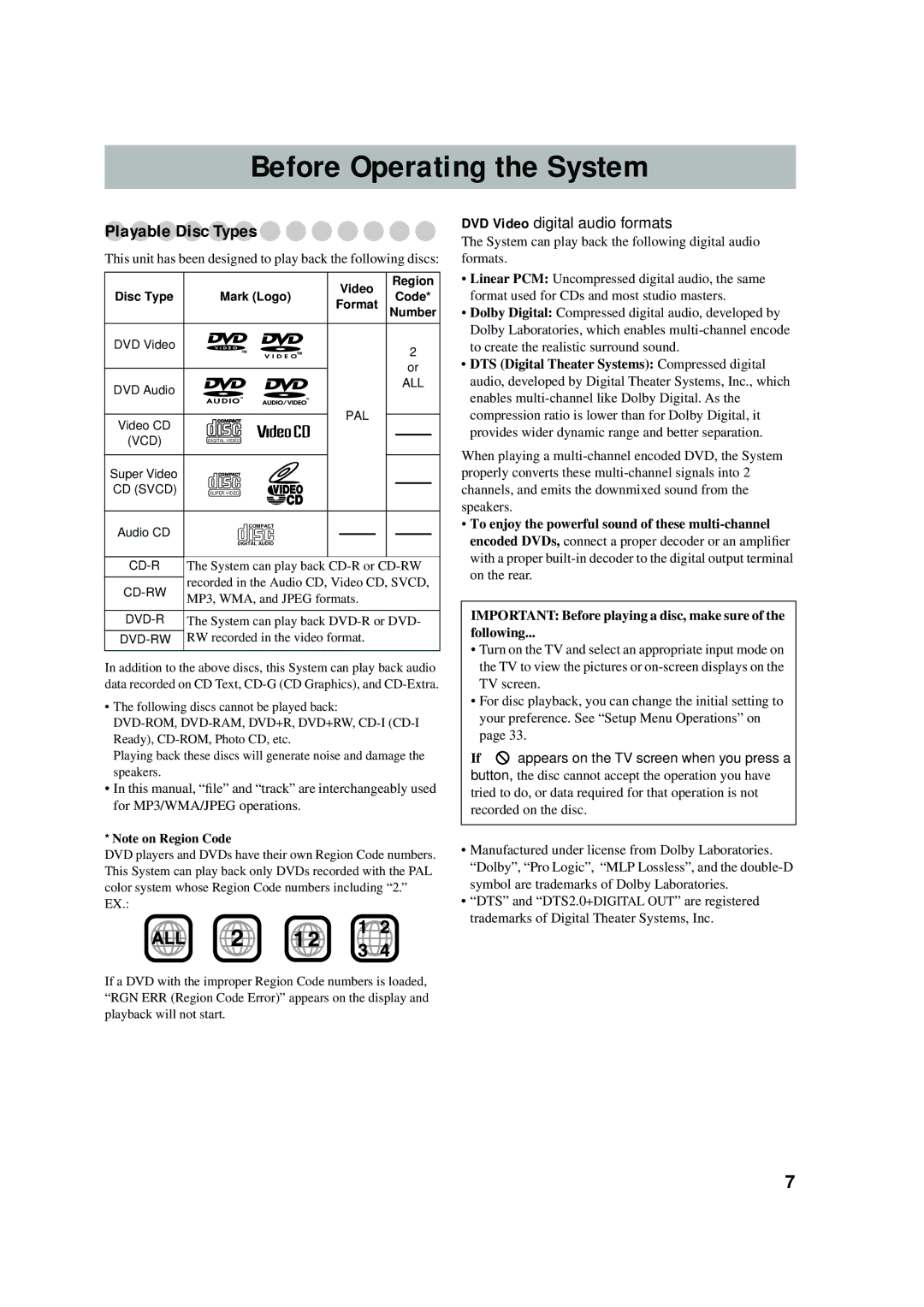 JVC UX-P550 manual Before Operating the System, Playable Disc Types, DVD Video-digital audio formats 