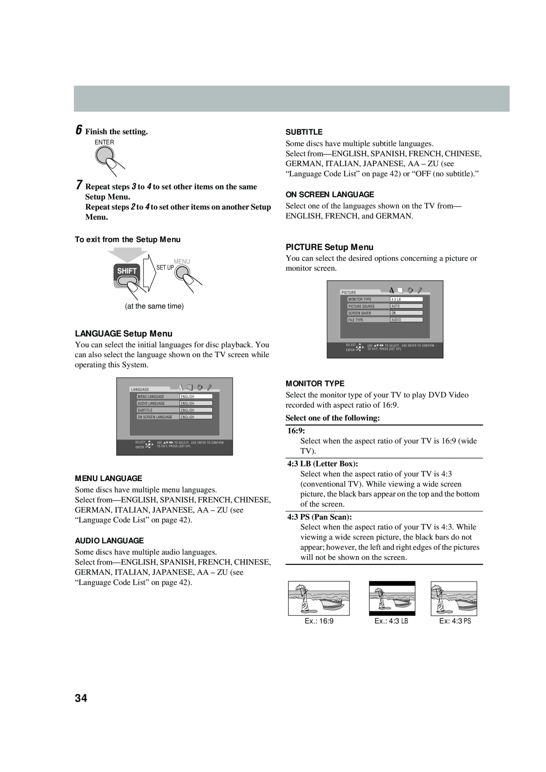 JVC UX-P550 manual LANGUAGE Setup Menu, PICTURE Setup Menu, Subtitle, On Screen Language, To exit from the Setup Menu 