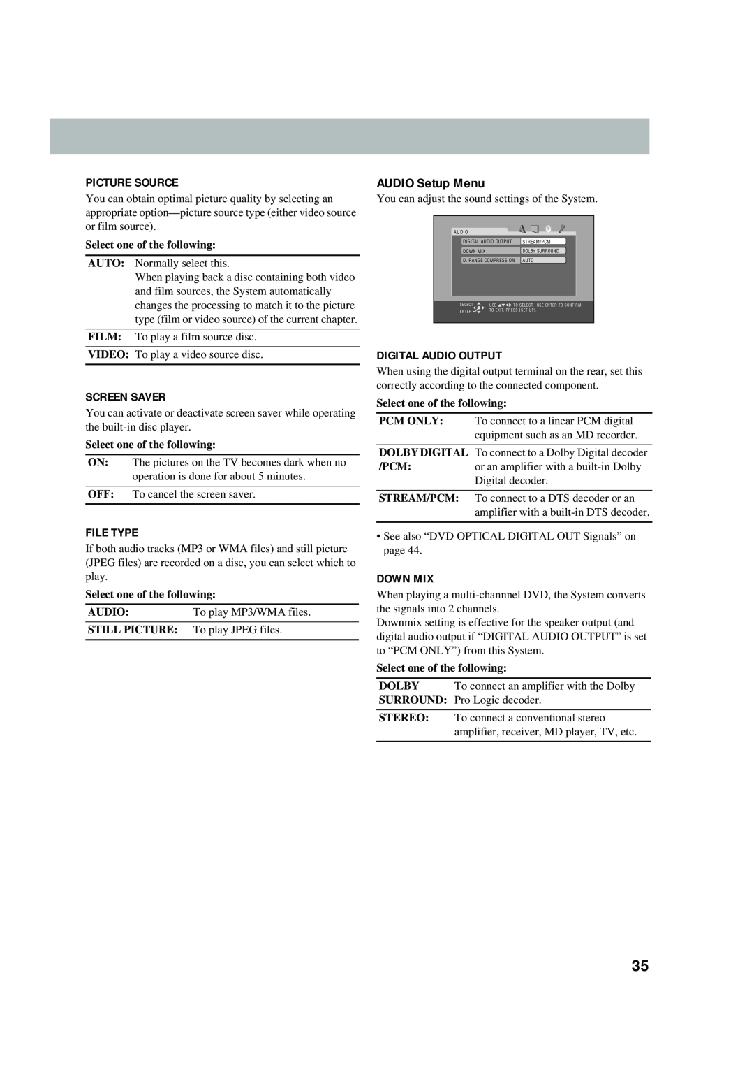 JVC UX-P550 manual AUDIO Setup Menu, Picture Source, Screen Saver, File Type, Digital Audio Output, Down Mix 