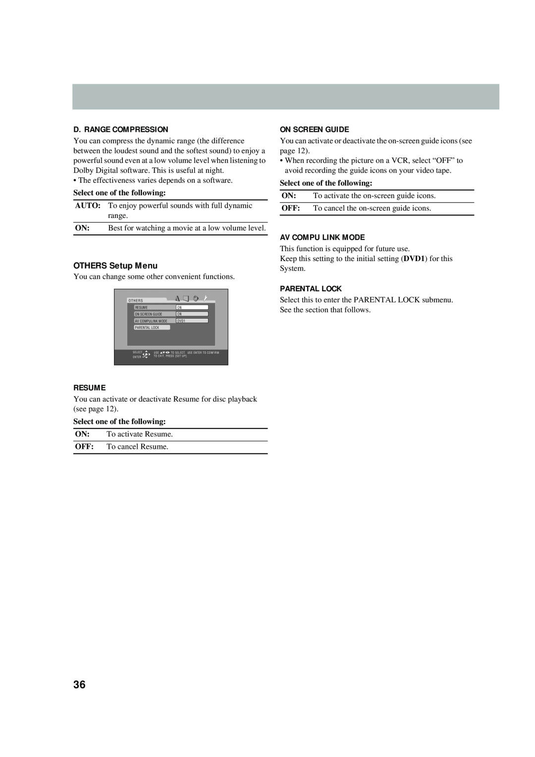 JVC UX-P550 manual OTHERS Setup Menu, D. Range Compression, Resume, On Screen Guide, Av Compu Link Mode, Parental Lock 