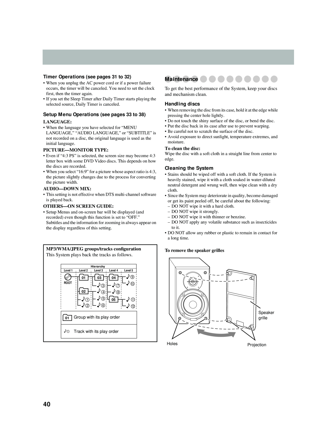 JVC UX-P550 manual Maintenance, Setup Menu Operations see pages 33 to, Handling discs, Cleaning the System, Language 