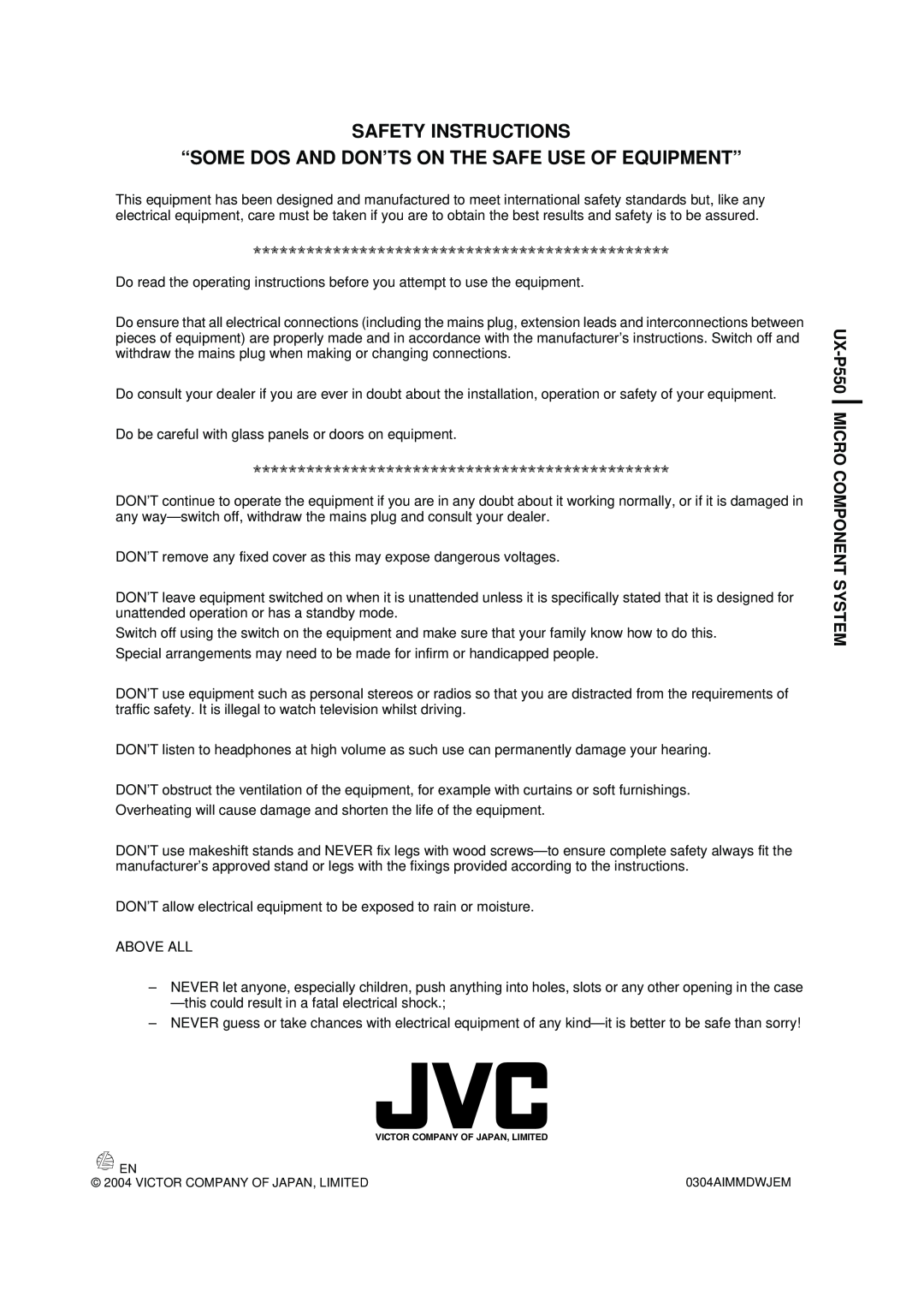 JVC manual Safety Instructions, UX-P550MICRO COMPONENT SYSTEM 