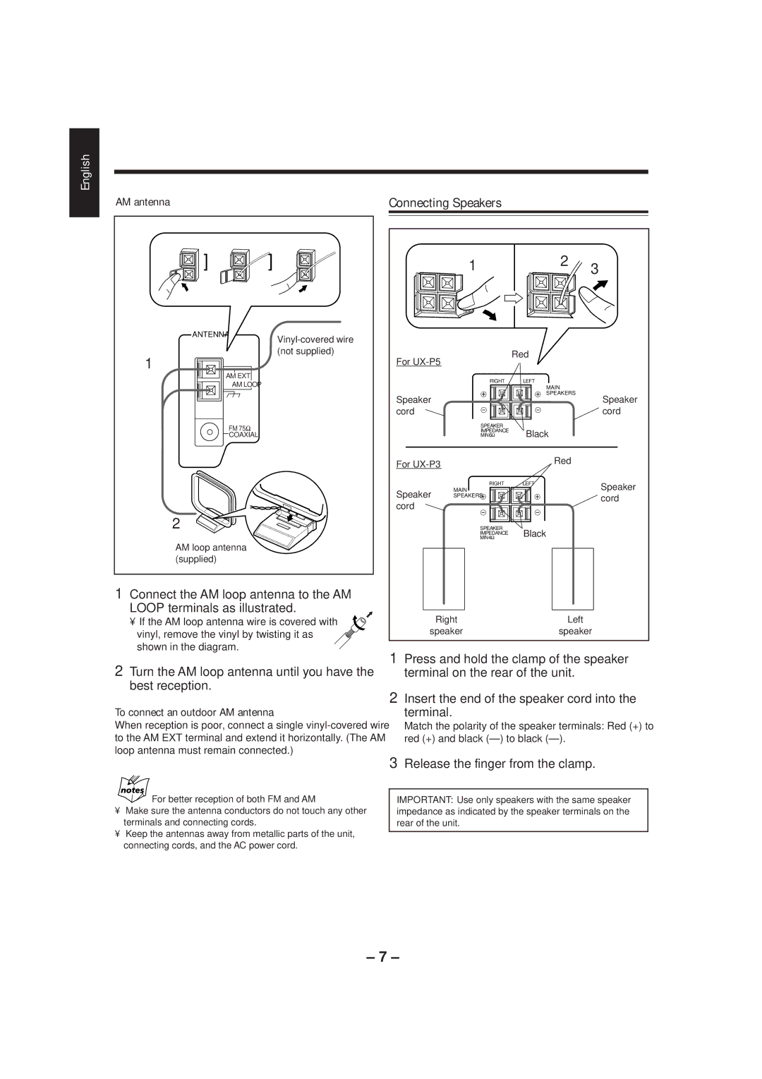 JVC UX-P5/UX-P3 manual Connecting Speakers, Turn the AM loop antenna until you have the best reception, AM antenna 