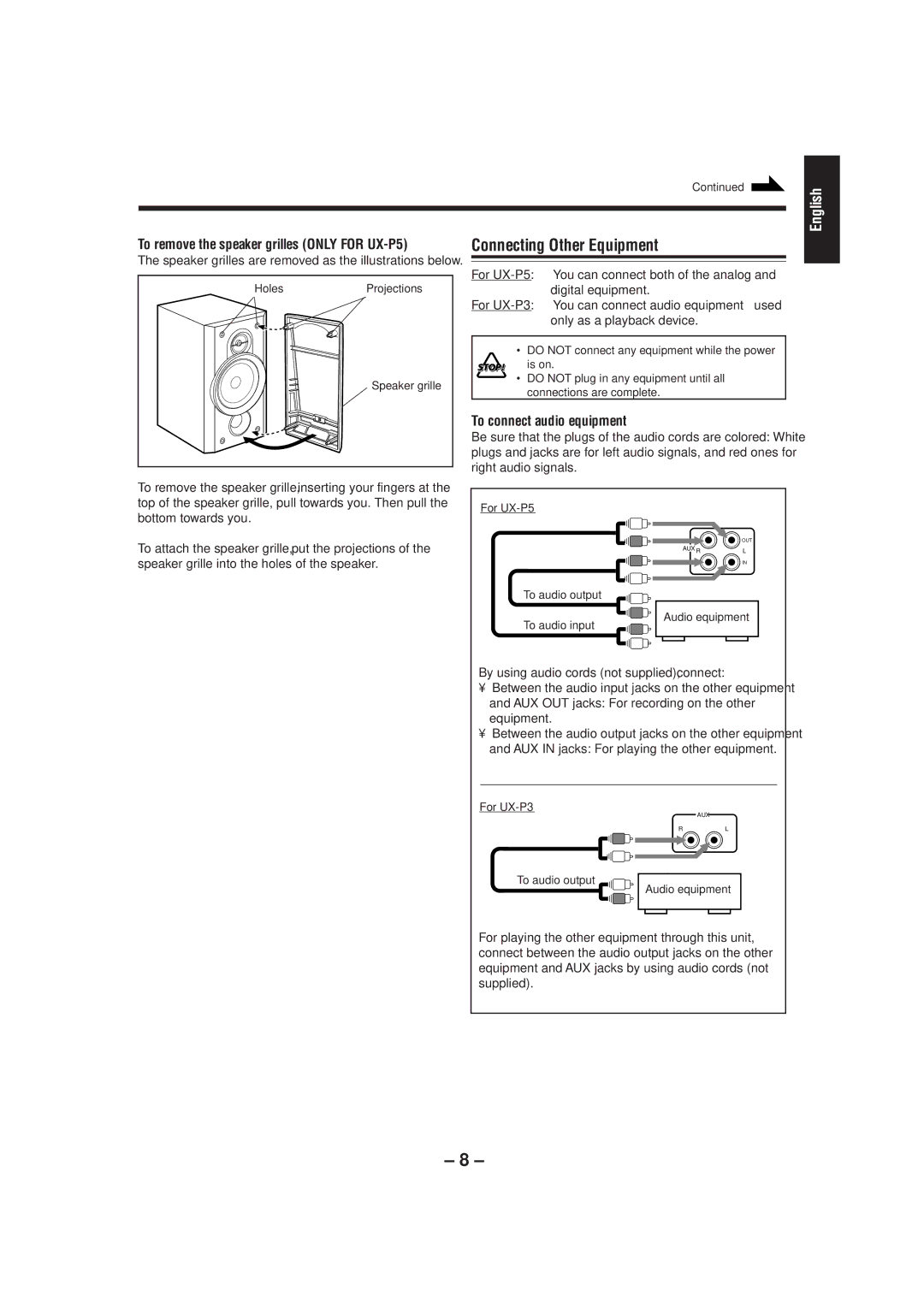 JVC UX-P5/UX-P3 manual Connecting Other Equipment, To connect audio equipment, By using audio cords not supplied, connect 