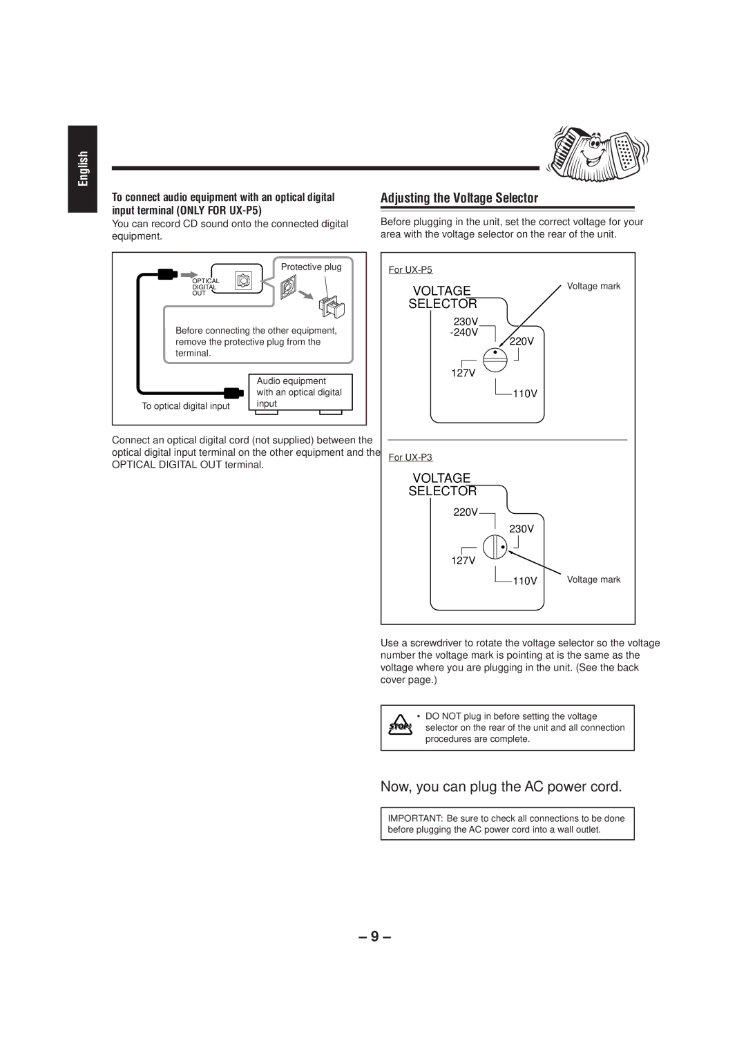 JVC UX-P5/UX-P3 manual Adjusting the Voltage Selector, You can record CD sound onto the connected digital equipment 