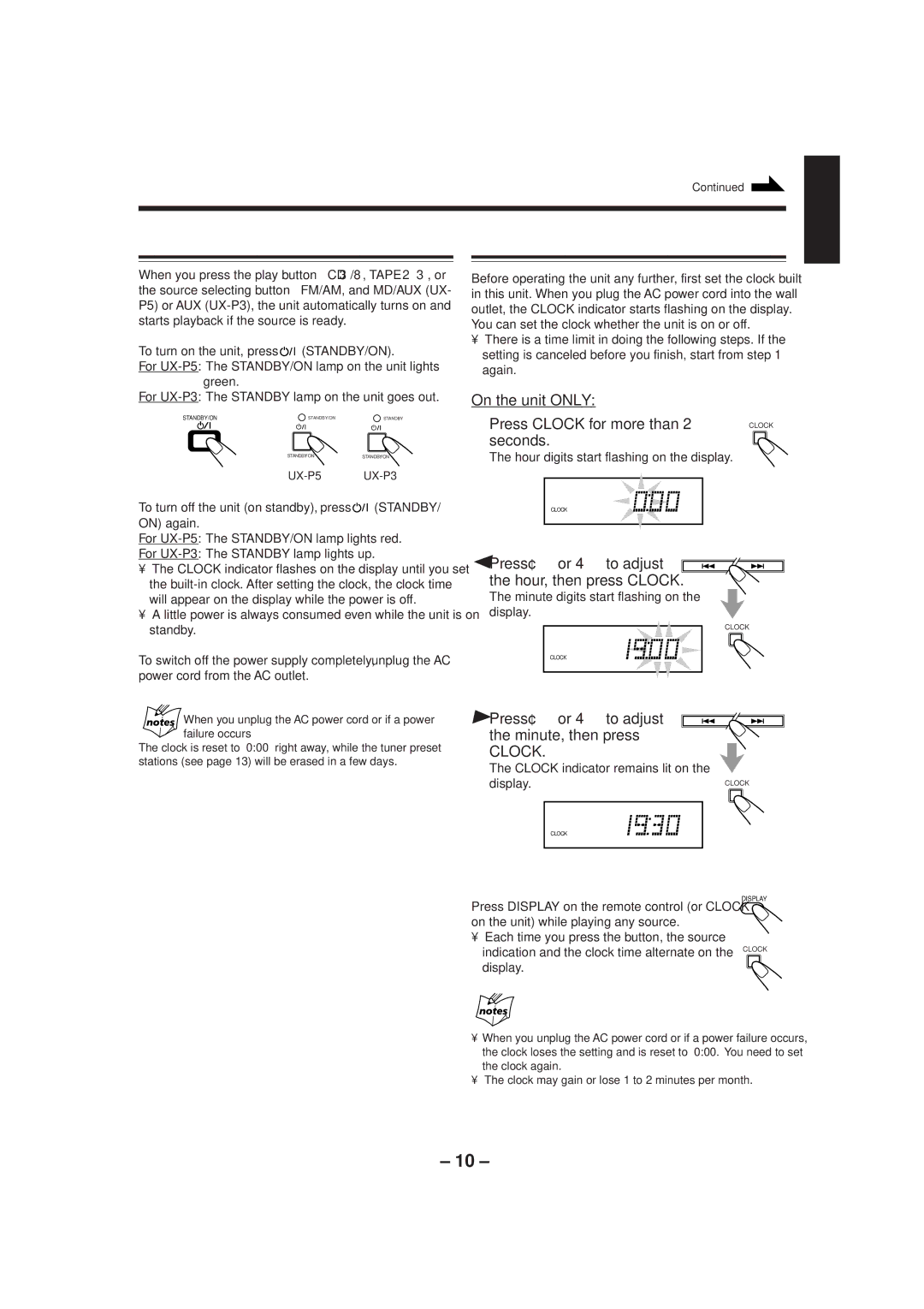 JVC UX-P5/UX-P3 manual Common Operations, Turning On the Power Setting the Clock 