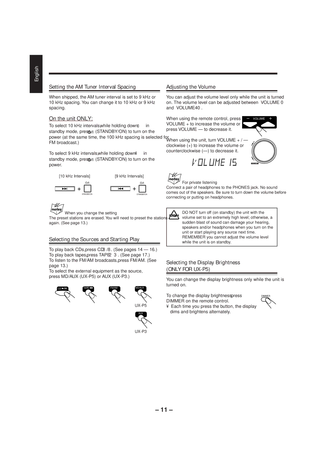 JVC UX-P5/UX-P3 manual Setting the AM Tuner Interval Spacing Adjusting the Volume, Selecting the Sources and Starting Play 