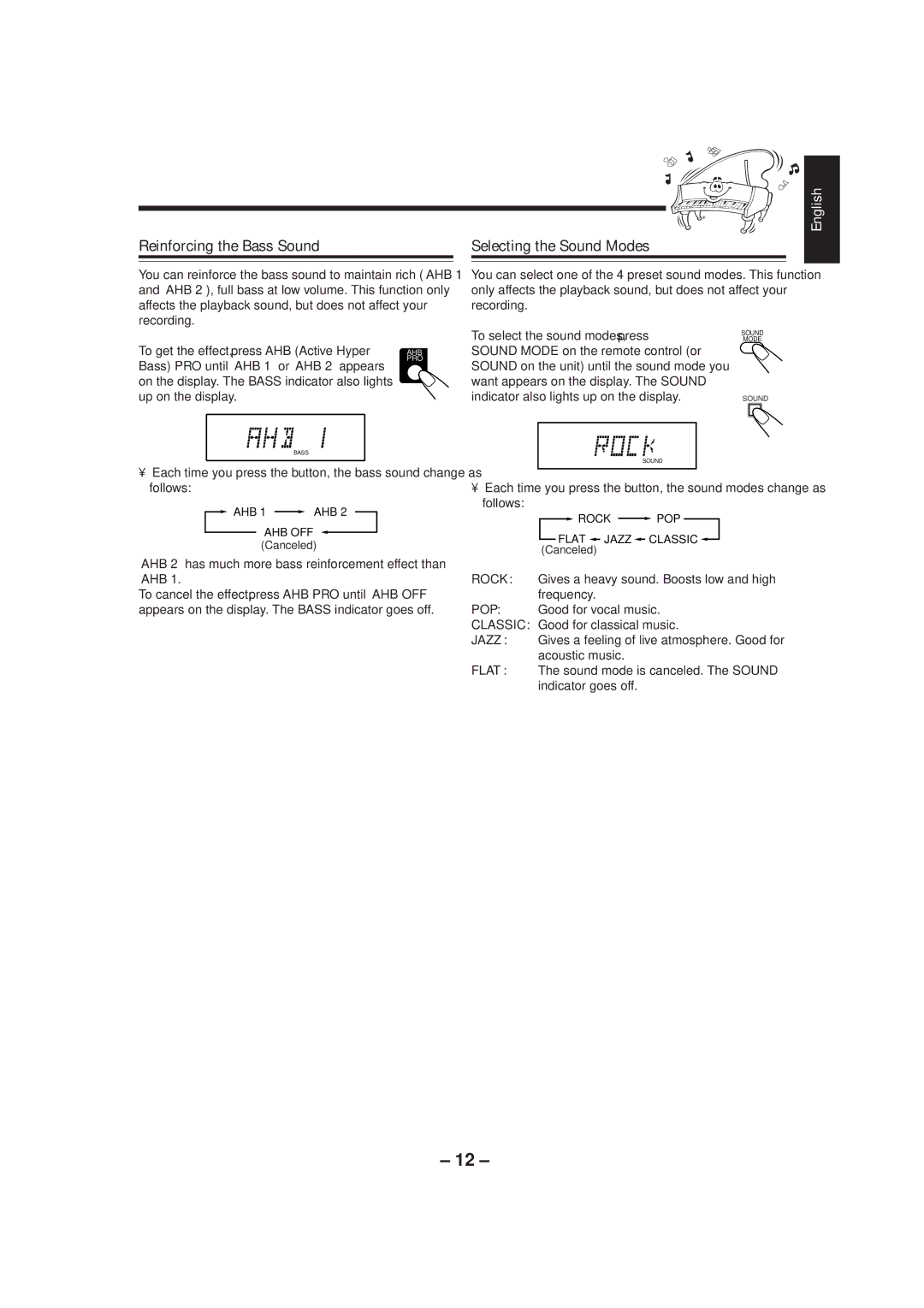 JVC UX-P5/UX-P3 manual Reinforcing the Bass Sound, Selecting the Sound Modes, Bass PRO until AHB 1 or AHB 2 appears 