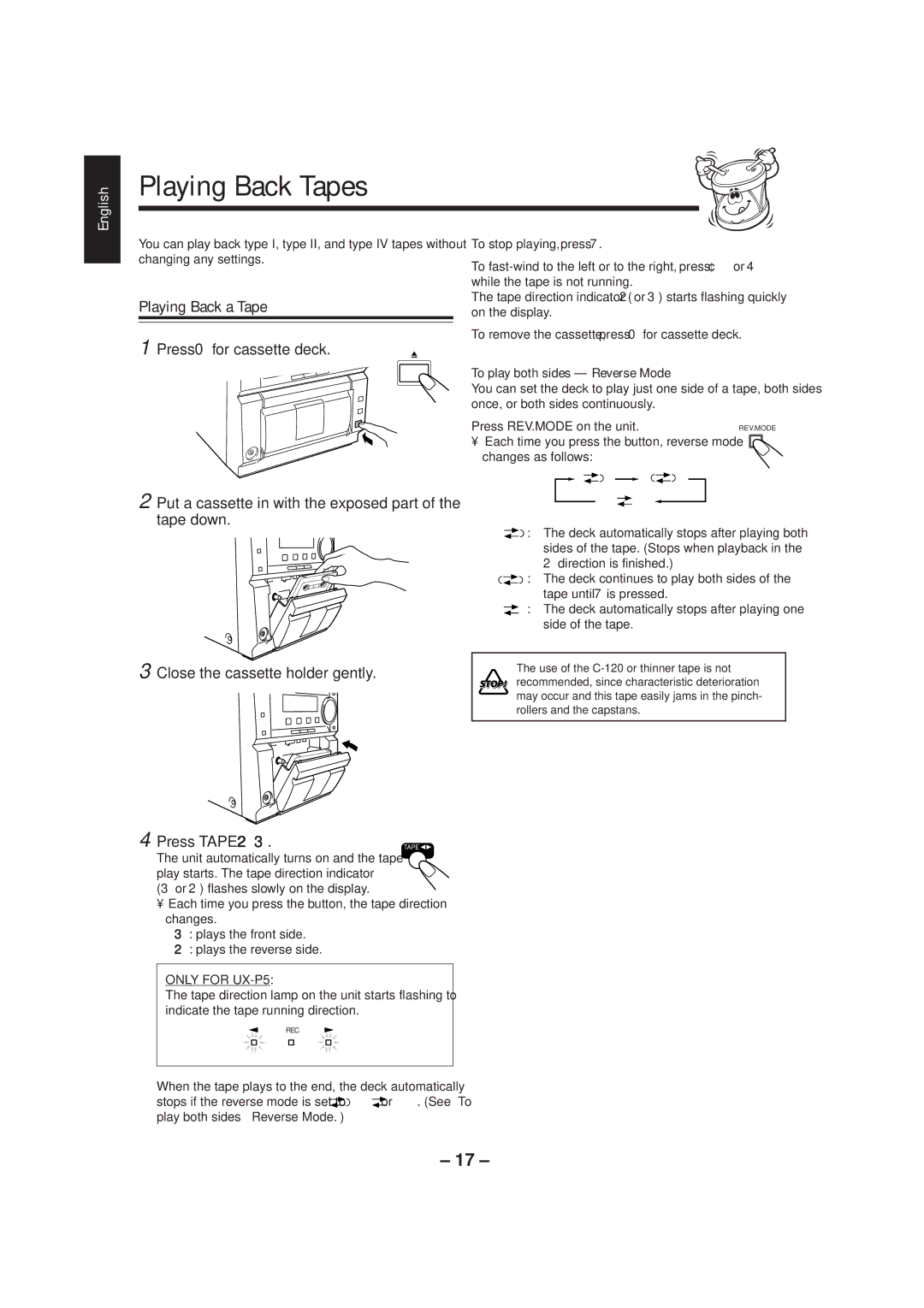 JVC UX-P5/UX-P3 manual Playing Back Tapes, Playing Back a Tape, Close the cassette holder gently, Press Tape 