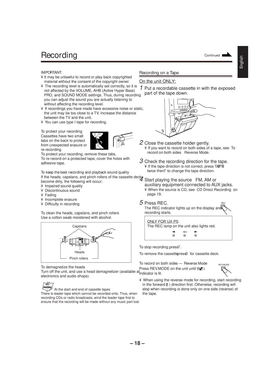 JVC UX-P5/UX-P3 Recording on a Tape, Check the recording direction for the tape, Press REC, To protect your recording 