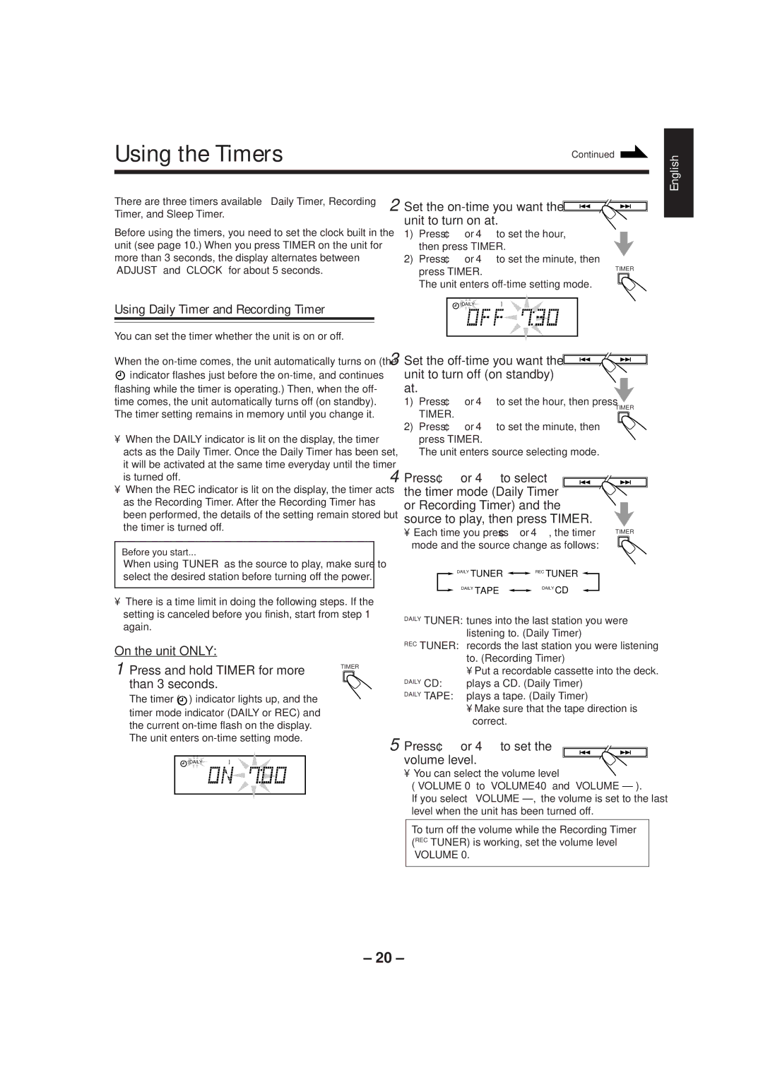 JVC UX-P5/UX-P3 manual Using the Timers, Using Daily Timer and Recording Timer 