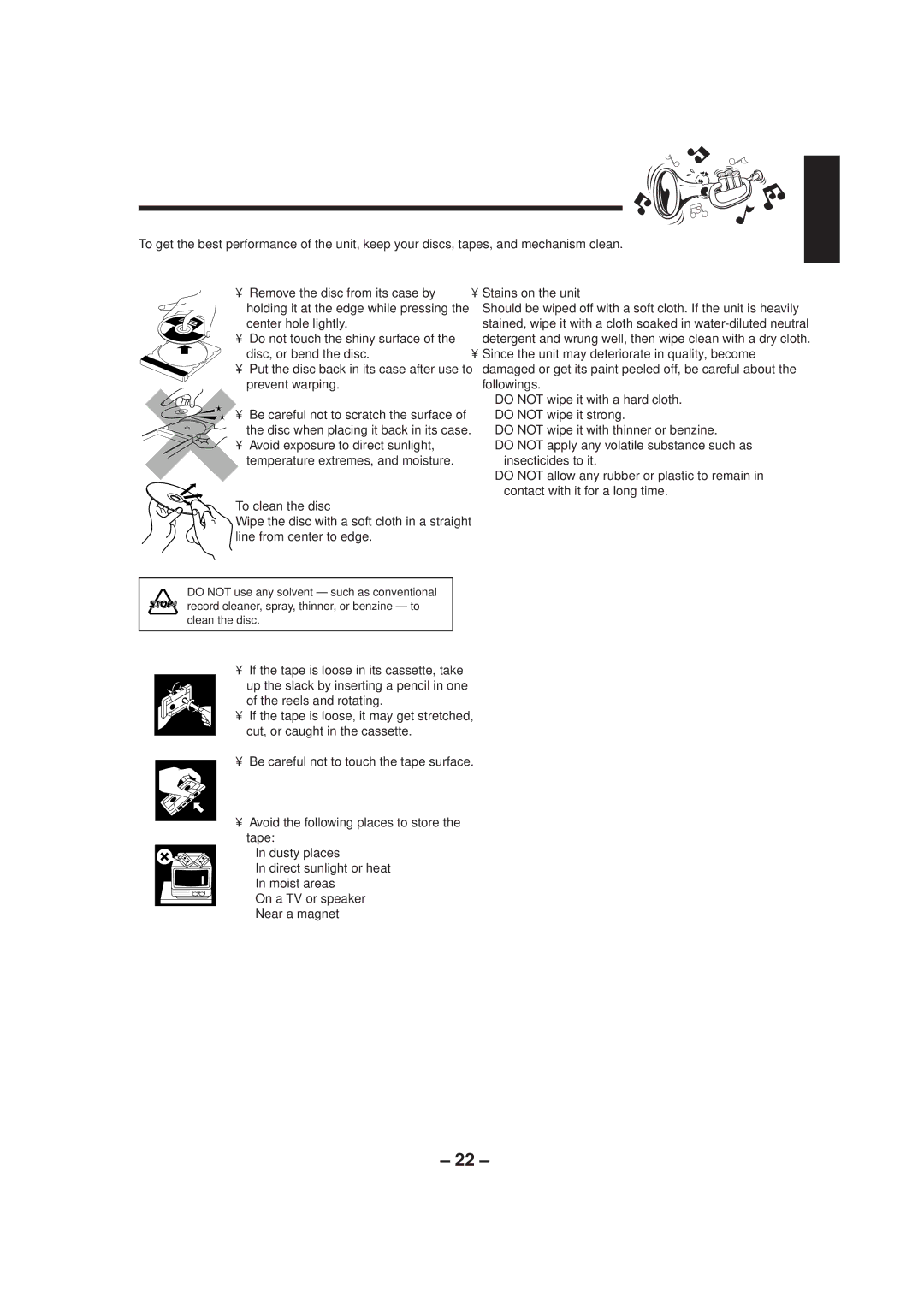 JVC UX-P5/UX-P3 manual Maintenance, Handling discs, Cleaning the unit, Handling cassette tapes 