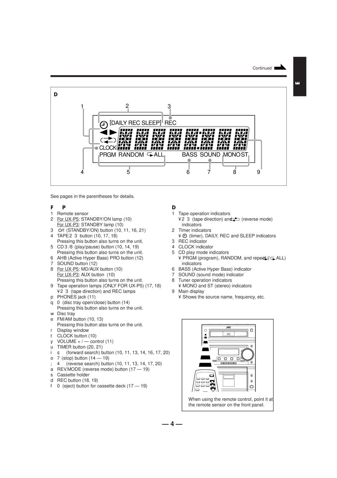 JVC UX-P5/UX-P3 manual Display Window, See pages in the parentheses for details 