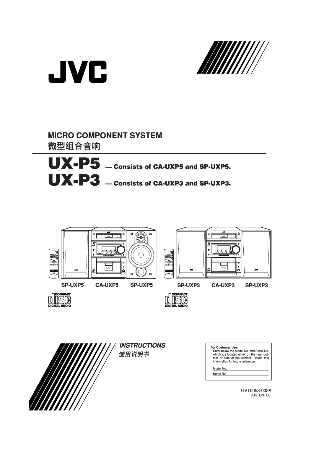 JVC UX-P5/UX-P3 manual Consists of CA-UXP5and SP-UXP5, Consists of CA-UXP3and SP-UXP3, GVT0053-003A, UX-P5 UX-P3, Volume 