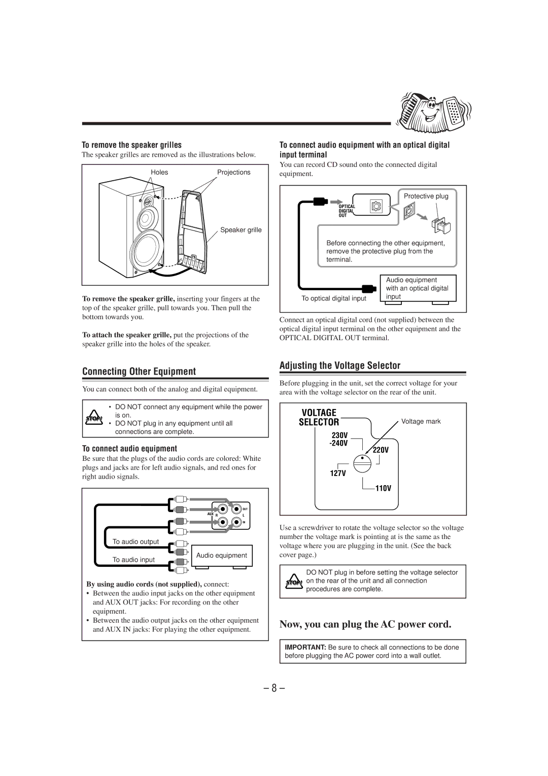 JVC UX-P7 manual Connecting Other Equipment, Adjusting the Voltage Selector, To remove the speaker grilles 