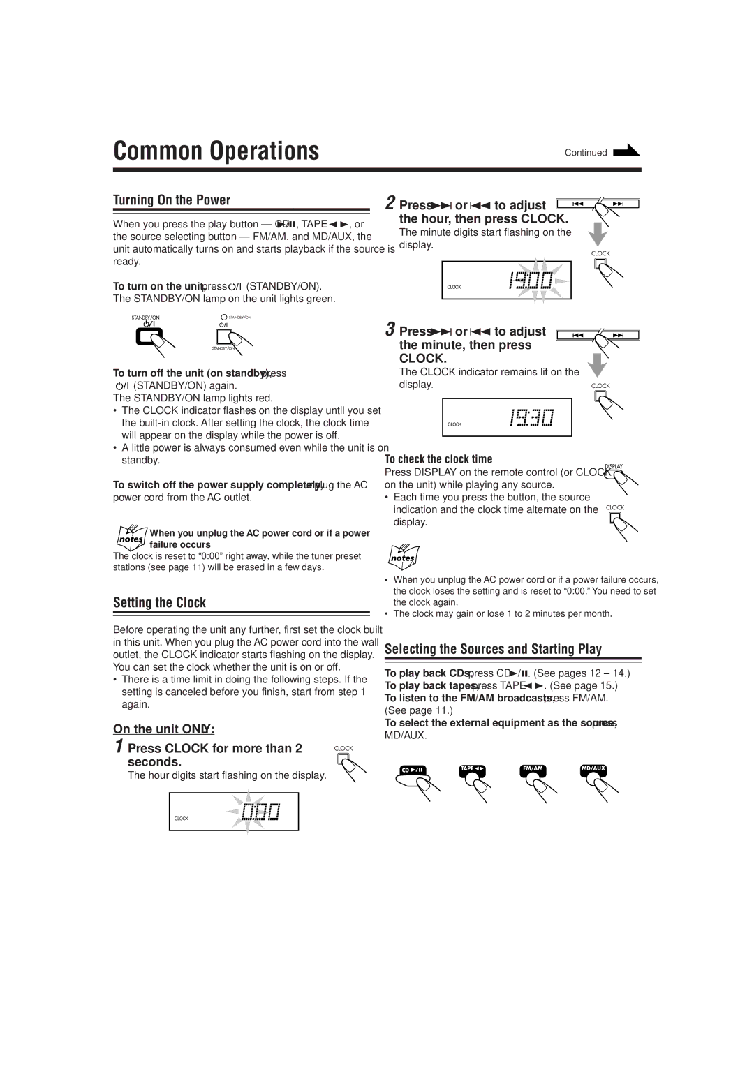 JVC UX-P7 manual Common Operations, Turning On the Power, Setting the Clock, Selecting the Sources and Starting Play 