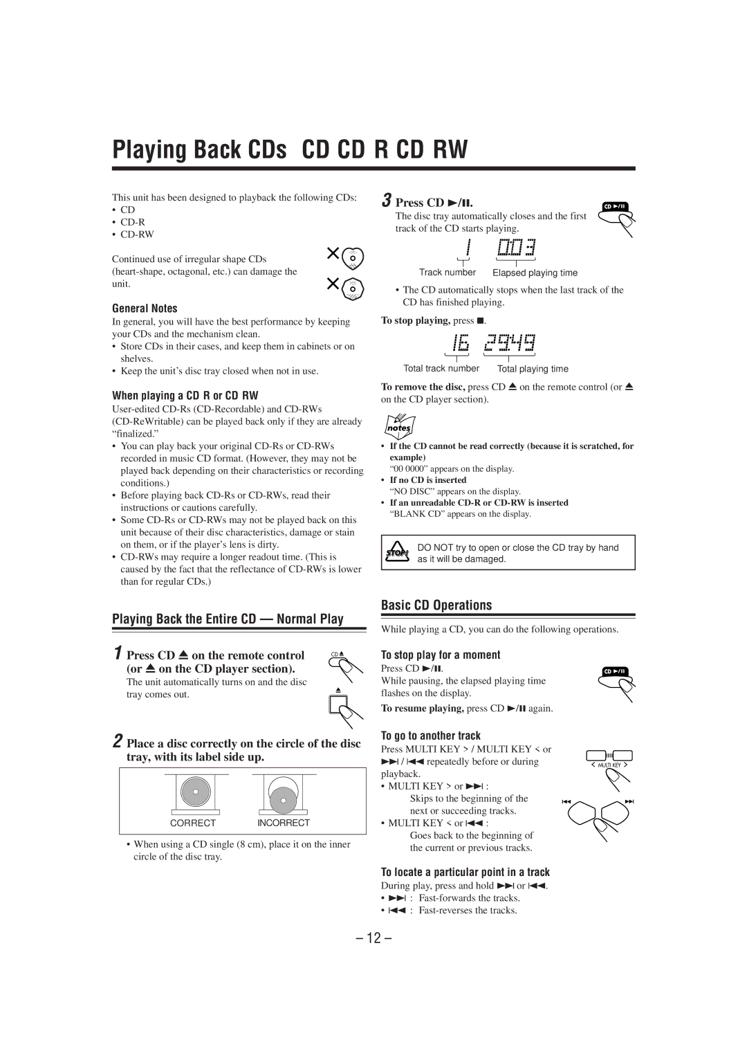 JVC UX-P7 manual Playing Back CDs CD/CD-R/CD-RW, Playing Back the Entire CD Normal Play, Basic CD Operations, Press CD 3/8 