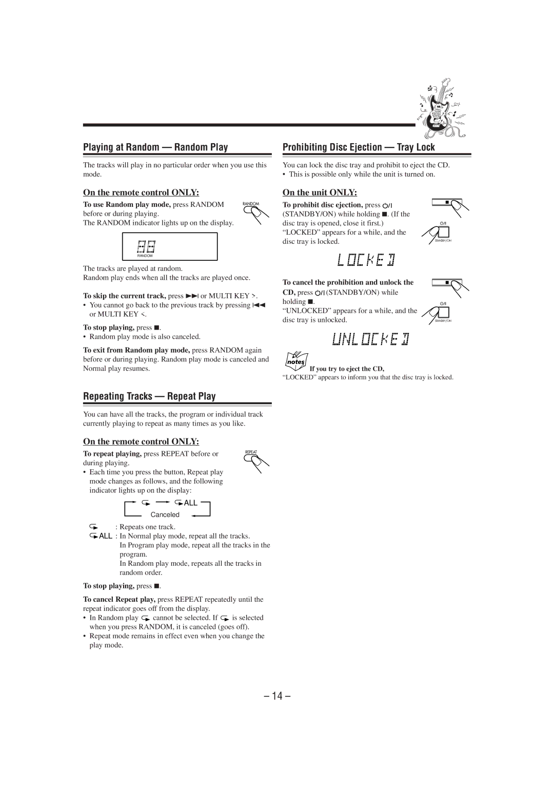 JVC UX-P7 manual Playing at Random Random Play, Prohibiting Disc Ejection Tray Lock, Repeating Tracks Repeat Play 