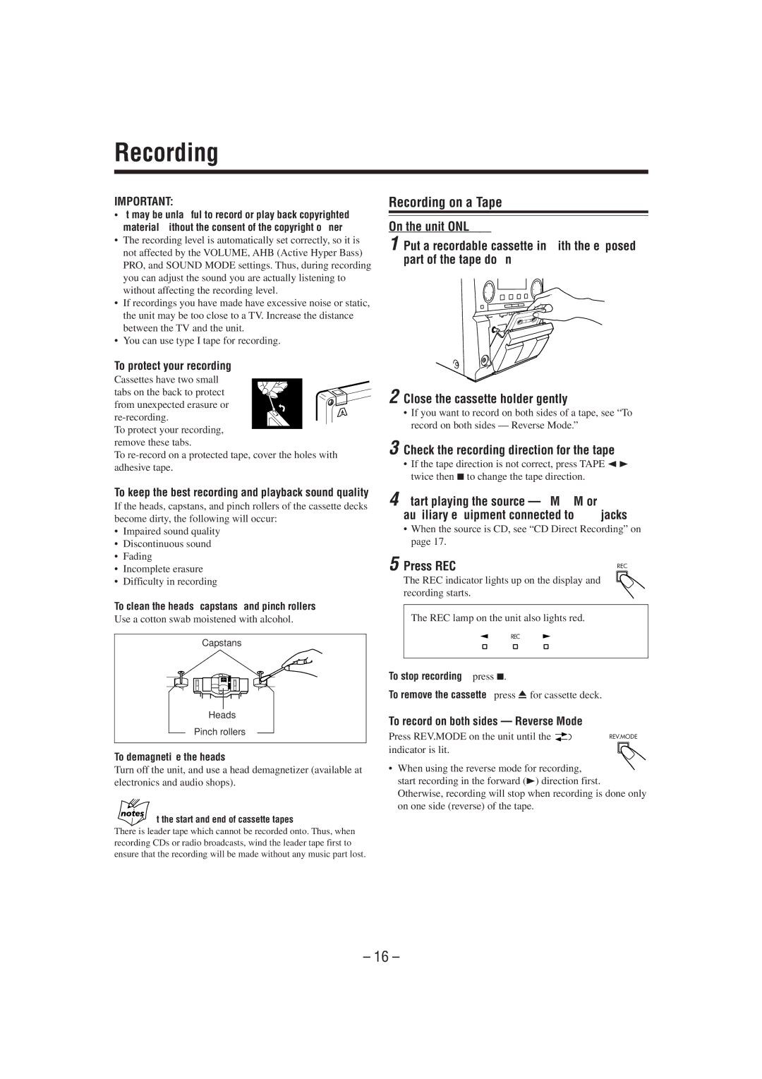 JVC UX-P7 manual Recording on a Tape, Check the recording direction for the tape, Press REC 