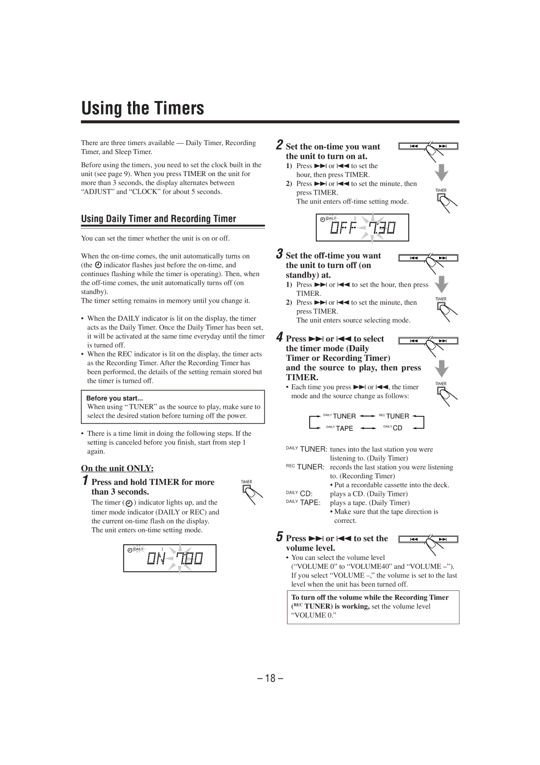 JVC UX-P7 manual Using the Timers, Using Daily Timer and Recording Timer 