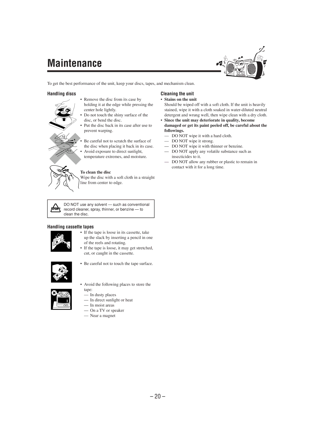 JVC UX-P7 manual Maintenance, Handling discs, Cleaning the unit, Handling cassette tapes 