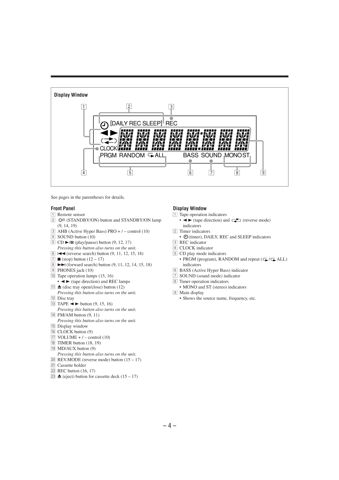 JVC UX-P7 manual Front Panel Display Window, See pages in the parentheses for details, FM/AM button 9 