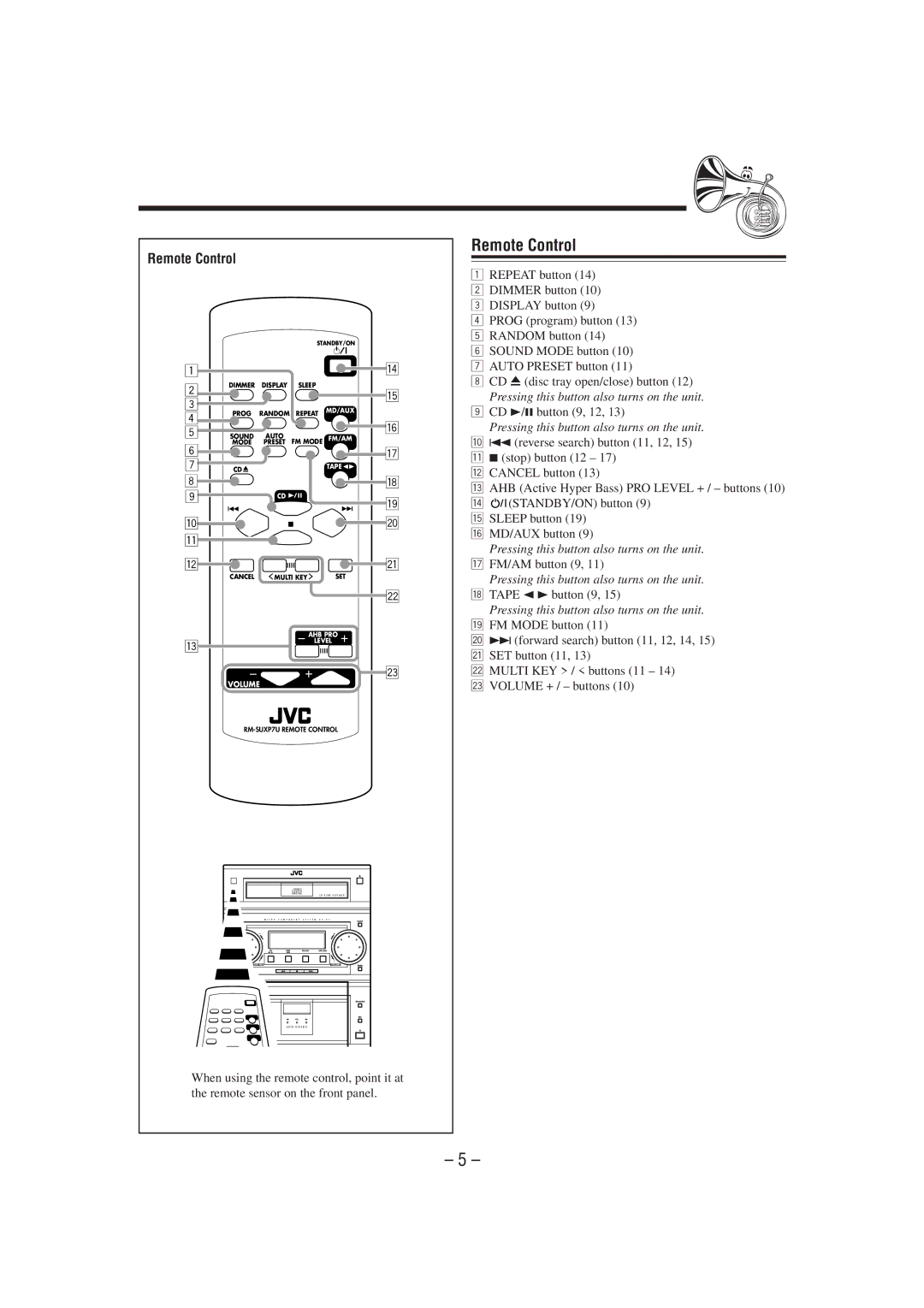 JVC UX-P7 manual Remote Control, CD 3/8button 9, 12 