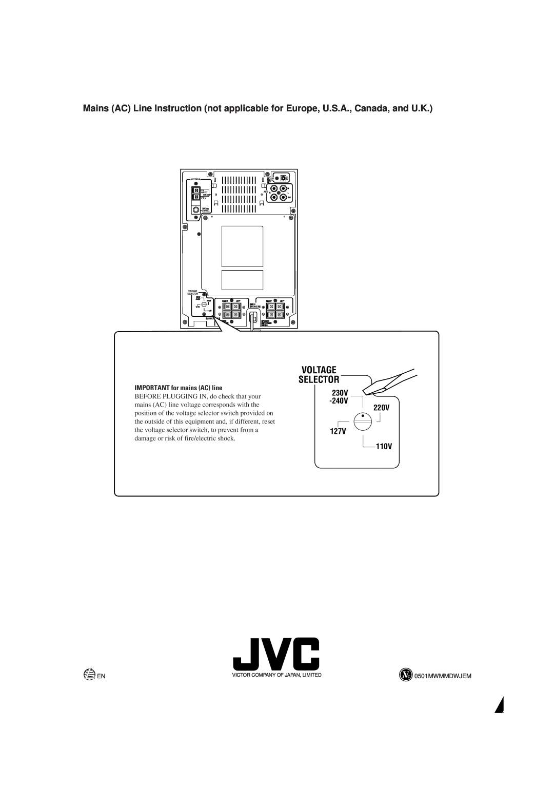 JVC UX-P7 manual Voltage Selector, 127V, 220V, IMPORTANT for mains AC line, 230V 