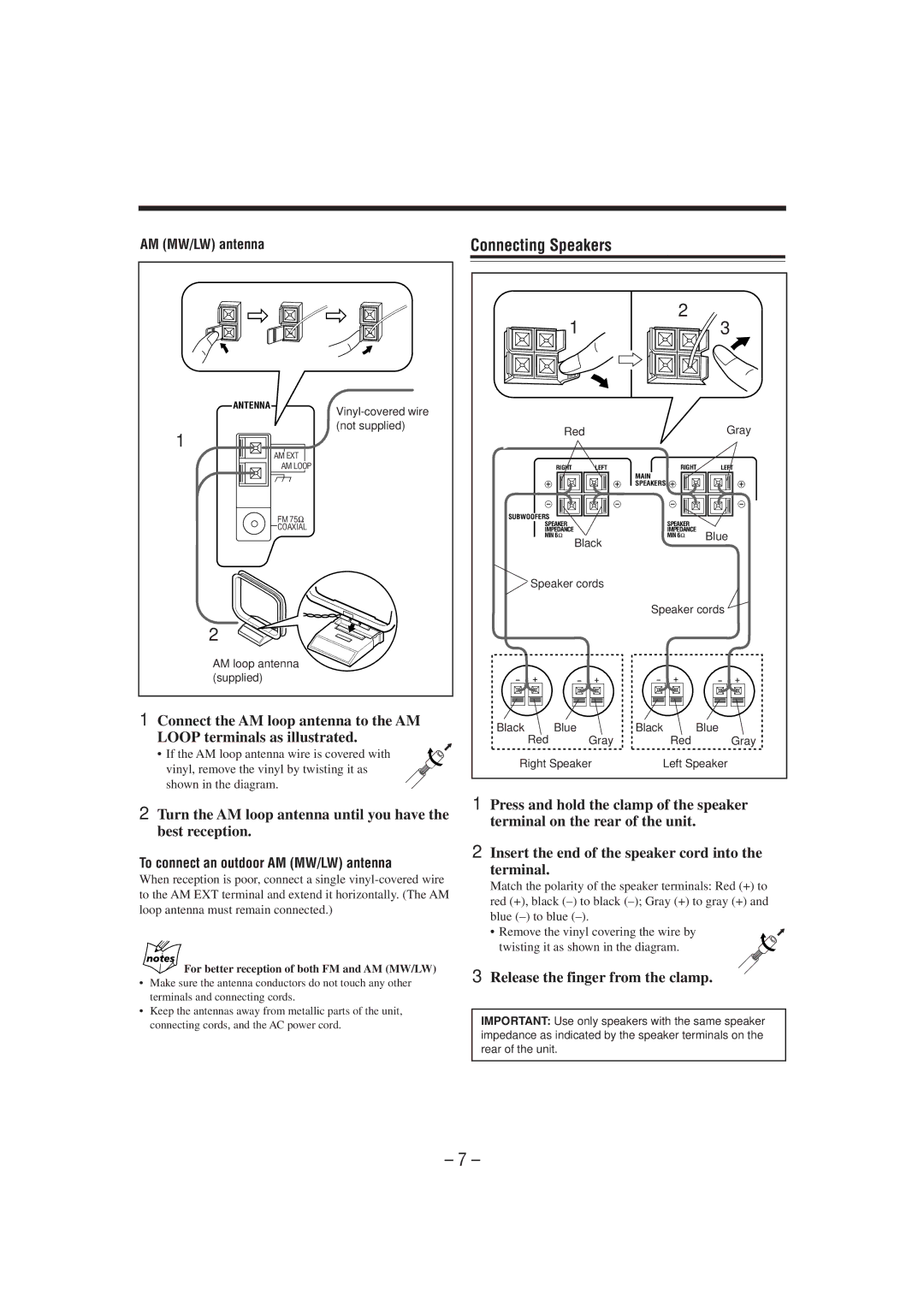 JVC CA-UXP7R, UX-P7R Connecting Speakers, Turn the AM loop antenna until you have the best reception, AM MW/LW antenna 