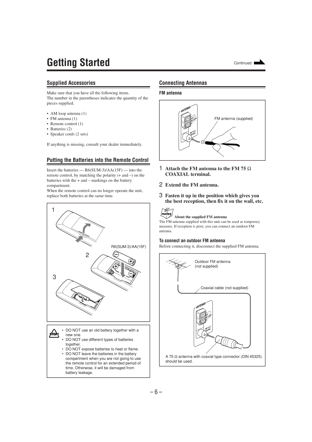 JVC UX-P7R, CA-UXP7R manual Getting Started, Supplied Accessories, Connecting Antennas, To connect an outdoor FM antenna 