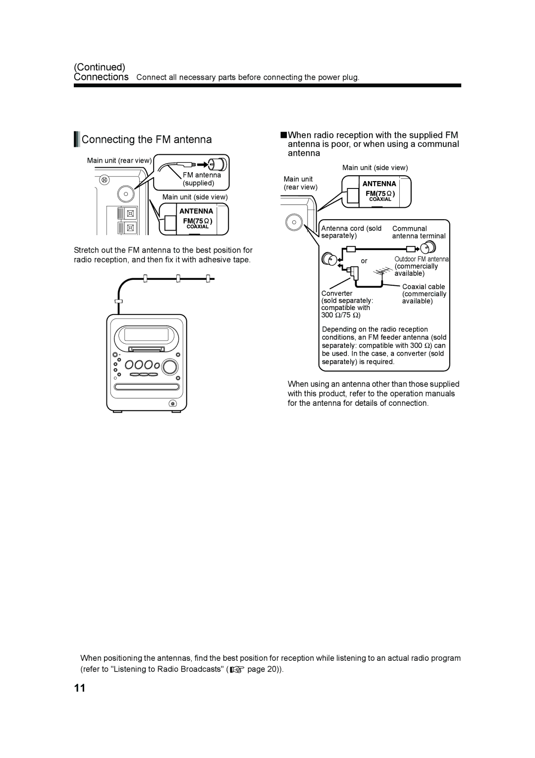 JVC UX-QD70W, UX-QD70S manual Connecting the FM antenna 