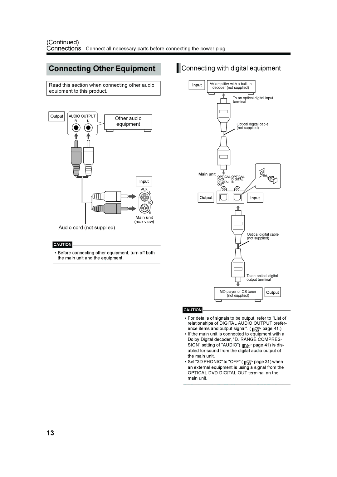 JVC UX-QD70W, UX-QD70S manual Connecting Other Equipment, Connecting with digital equipment, Audio cord not supplied 