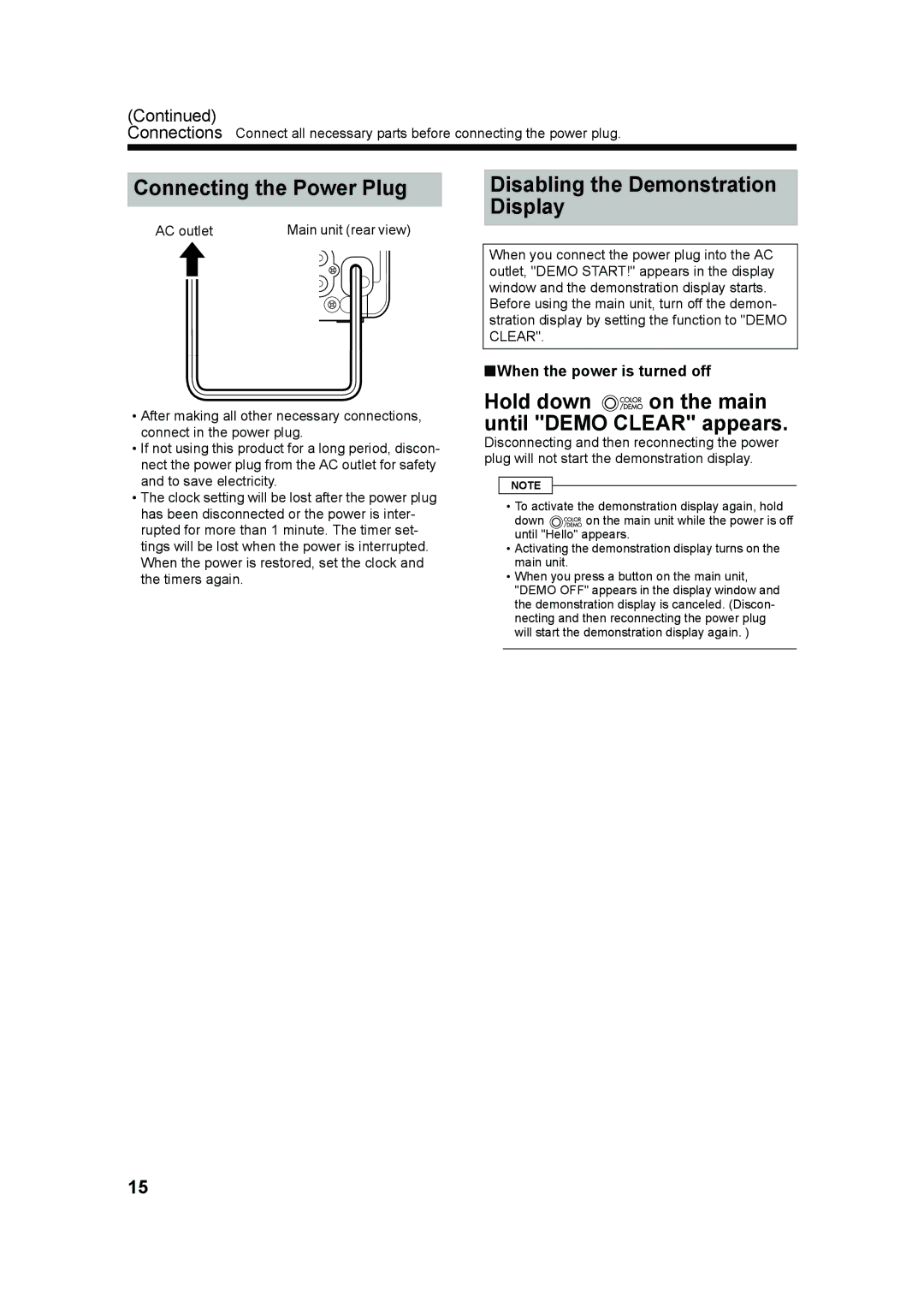 JVC UX-QD70W, UX-QD70S manual Connecting the Power Plug, Disabling the Demonstration Display, AC outlet 