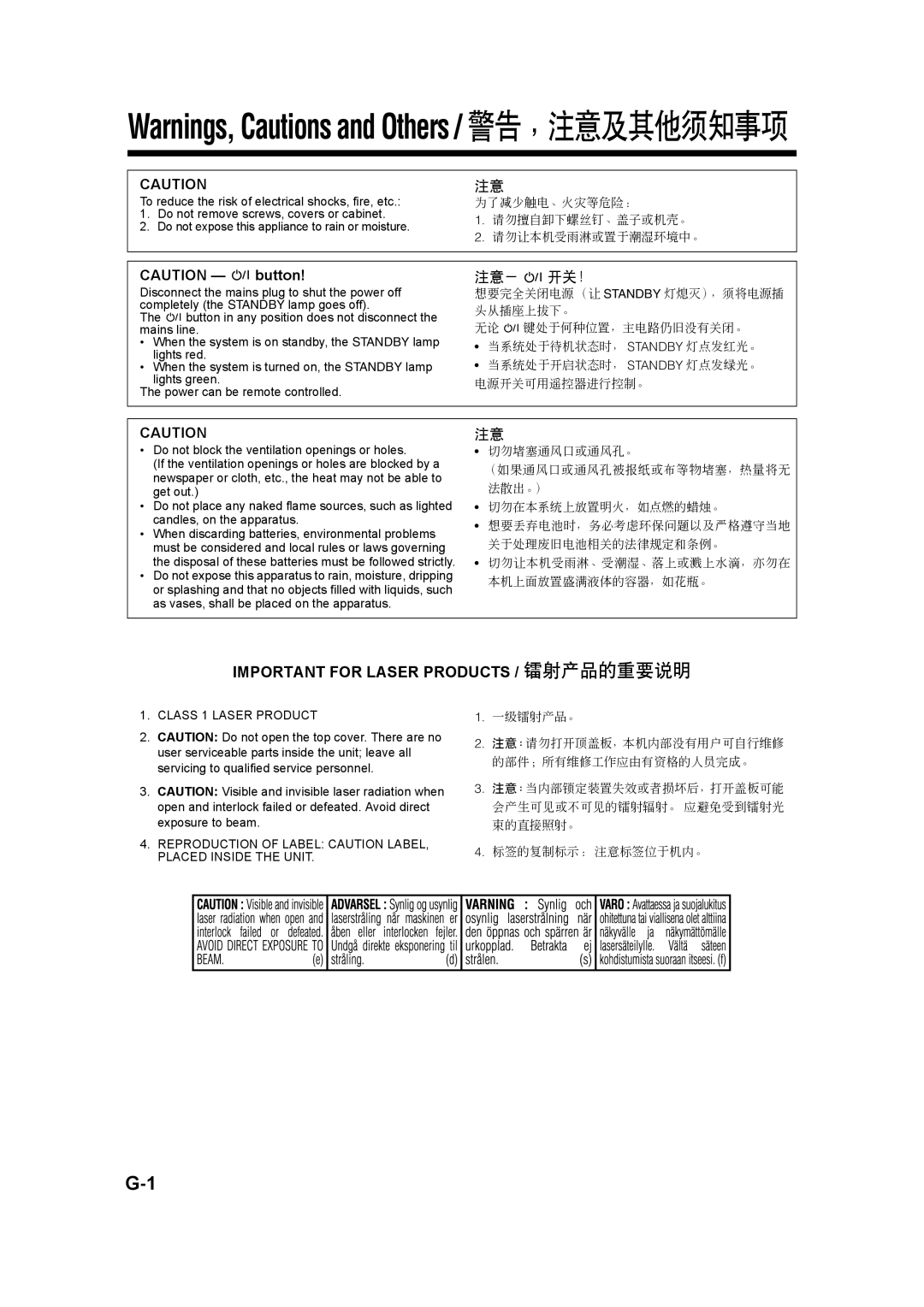 JVC UX-QD70W, UX-QD70S manual Important for Laser Products / 镭射产品的重要说明 