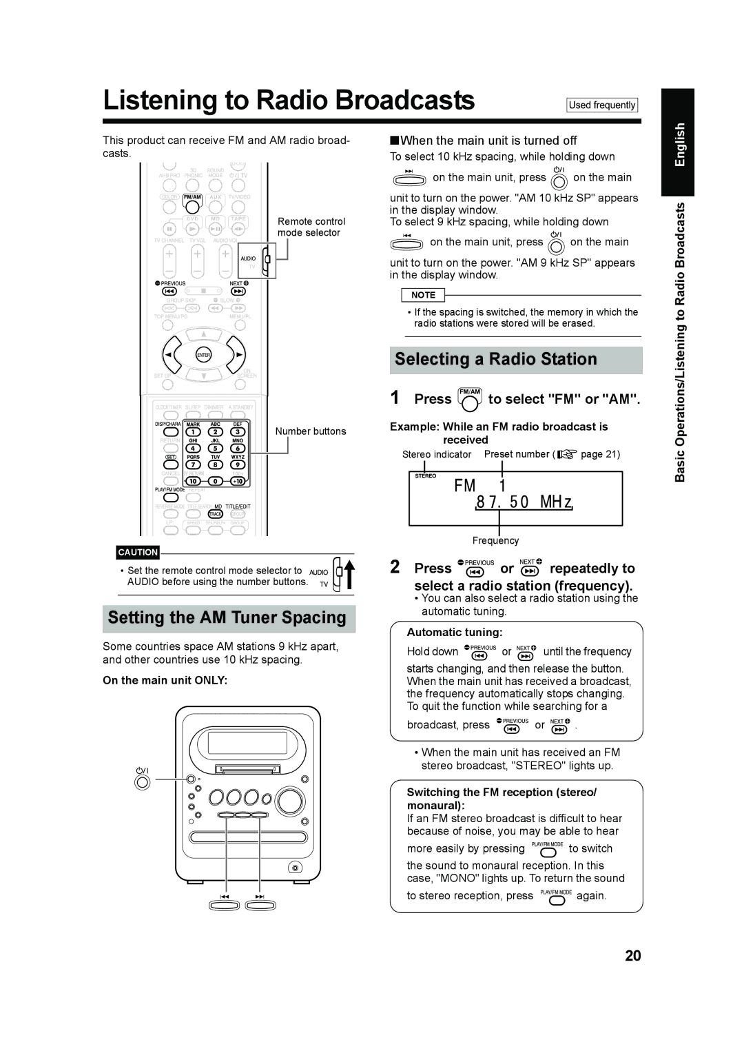 JVC UX-QD70S, UX-QD70W manual Listening to Radio Broadcasts, Setting the AM Tuner Spacing, Selecting a Radio Station 